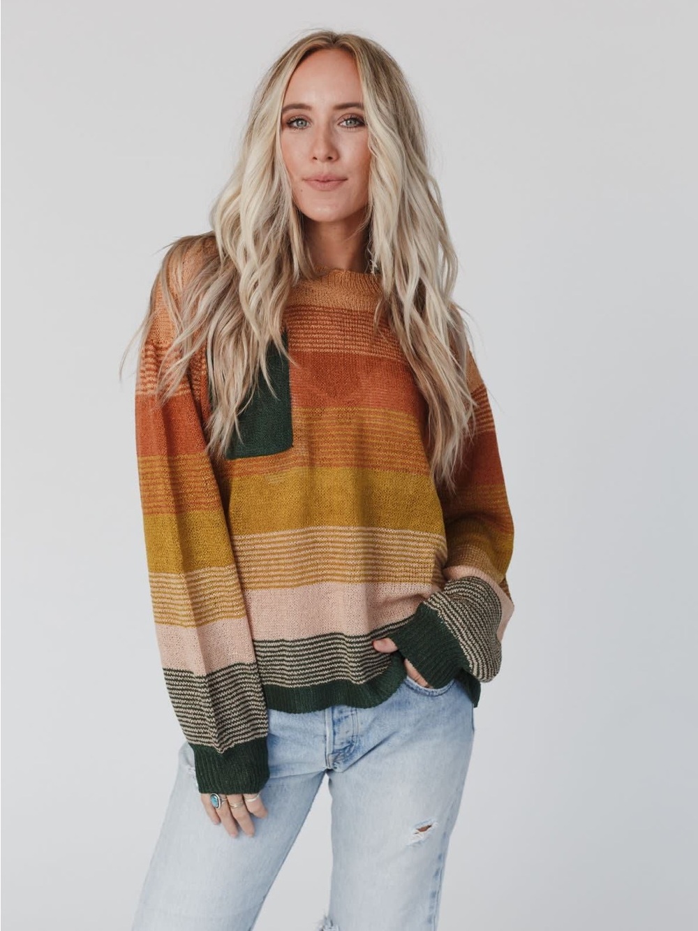 Striped Crewneck Sweater in Rust, Mustard & Forest Green